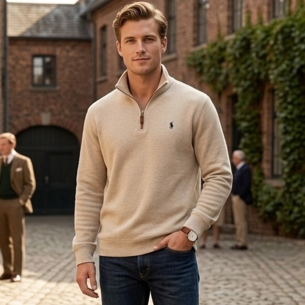 Polo Ralph Lauren Quarter Zip Sweater Mens Large Tan Beige Cotton Preppy Classic